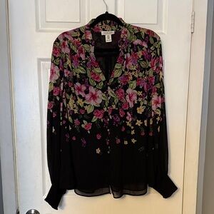 RACHEL ZOE Black Floral V-Neck Long-Sleeve Blouse